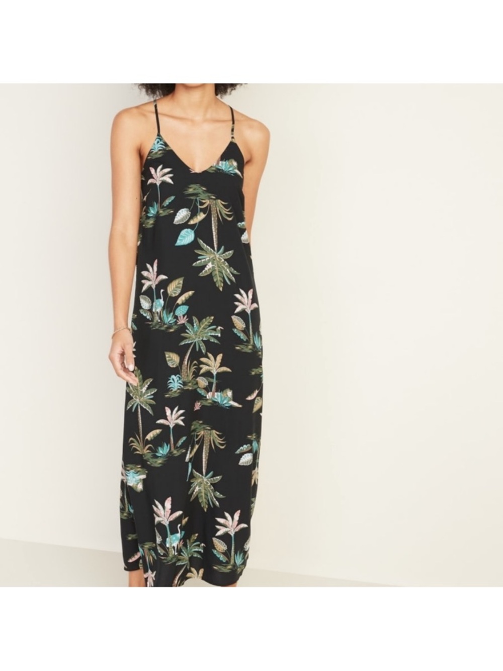 Old Navy Sleeveless V-Neck Maxi Tropical Palm Tree Vacation Dress Size LT